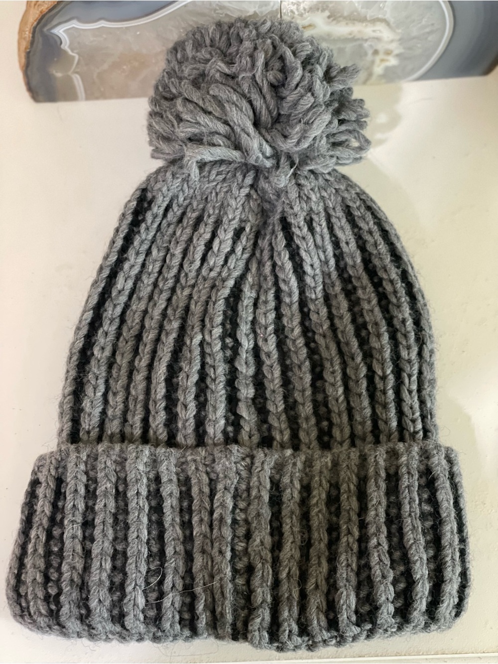 Chunky Rib Knit Pom Beanie in Gray and Black made in italy